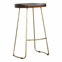Modern Oval Mango Wood Barstool with Chestnut Top and Gold Base 73x43cm