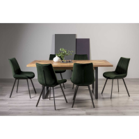 Rustic Oak 190 to 240cm Large Extending Dining Table Set 6 Green Velvet Fabric Chairs