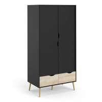 Retro Black And Oak 2 Door Double Bedroom Wardrobe With Cut Out Handles 200.1x98.6cm