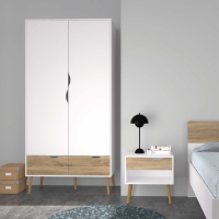 Retro Tall White And Oak 2 Door Bedroom Wardrobe With Cut Out Handles 200.1 x 98.6cm