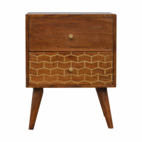 Nordic Style Mango Wood 2 Chestnut Bedside With Gold Patterned Drawer Front 58 x 45cm