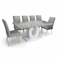 Neptune Marble Top Large Dining Table and 6 Randall Brushed Velvet Grey Chairs Dining Set