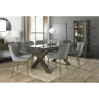 Modern Clear Glass 6 Seater Dining Table Set Dark Oak Legs 6 Grey Velvet Fabric Chairs