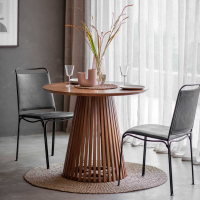 Modern Slatted Small Dining Table Natural Finish Wooden 90cm Diameter