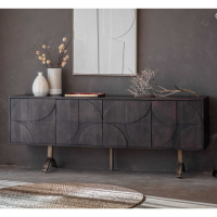 Extra Large 180cm 4 Door Sideboard Charcoal Grey Wood Retro Geometric Pattern