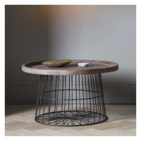 Industrial Round Caged Gun Metal Framed Coffee Table Weathered Dark Wood Tray Top