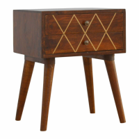 Nordic Style 2 Drawer Mango Wood Bedside Table Cabinet with Gold Wiring Front 57x45cm