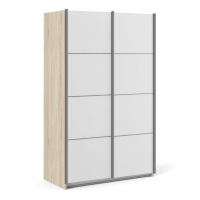Tall Sliding Light Oak Wardrobe 120cm With White Doors and 5 Shelves