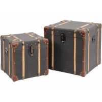 Horsham Dark Grey Cotton And Linen Fabric Set Of Two Grey Wooden Storage Trunks With Faux Leather Corners