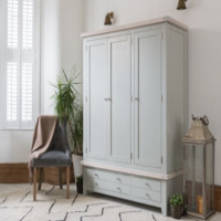Large Light Grey Painted 3 Door Triple 2 Drawer Wardrobe Chalked Oak Top 190cm Tall x 147cm Wide