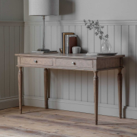 Whitewash Wood 2 Drawer Desk Dressing Table Inlaid Parquet Design Turned Legs