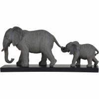 Grey Mother and Calf Elephant Resin Sculpture on Black Base