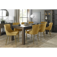 Turin Dark Oak Extending Dining Set 8 Cezanne Mustard Yellow Velvet Fabric Chairs
