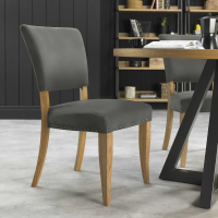 Indus Rustic Oak Wood Upholstered Dining Room Chair With Dark Grey Fabric (Pair)