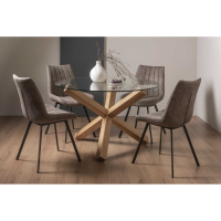 Round Clear Glass 4 Seater Dining Table Set 4 Tan Brown Faux Suede Fabric Chairs