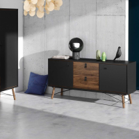 Modern Wide Matt Black Walnut 2 Door 2 Drawer Sideboard With Black Handles 72.2x150.3cm