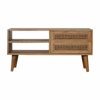 Retro Style Oak Finish Living Room 2 Ratten Front Drawer 2 Open Shelf Media TV Unit 47x90cm