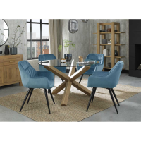 Turin Clear Glass 4 Seater Kitchen Round Dining Set 4 Dali Petrol Blue Velvet Chairs