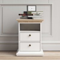 Retro White And Oak Top 2 Drawer Bedroom Bedside Cabinet With Metal Knobs 58.8 x 43.6cm