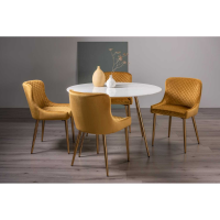 Francesca White Marble 4 Seater Dining Table And 4 Cezanne Mustard Velvet Fabric Chairs Set