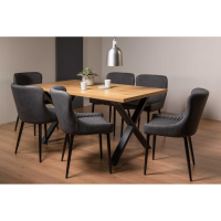 Modern Rustic Oak Dining Table Set with 6 Grey Leather Chairs X Leg Base