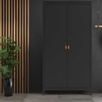 Modern Matt Black 2 Door Double Wardrobe Brown Leather Tab Handles