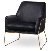 Flynn Framed Black Velvet Fabric Club Arm Chair On Brass Metal Legs