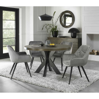 Dark Oak 4 Seater Round 125cm Dining Table Set Cross Legs 4 Grey Velvet Fabric Chairs