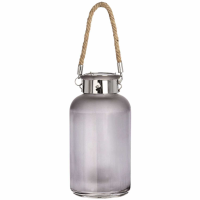 Frosted Grey Glass Lantern With Rope Detail and LED
