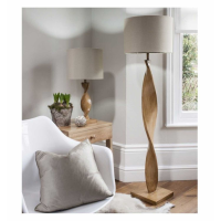 Modern Floor Lamp with Twisted Turned Spiral Wood Stand Natural Linen Shade