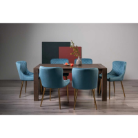 Turin Dark Oak Extending Kitchen Dining Set 6 Petrol Blue Velvet Fabric Chairs