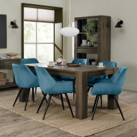 Dark Oak 6 Seater 180cm Kitchen Dining Room Table Set 6 Blue Velvet Fabric Chairs