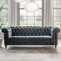 Darby Grey Velvet Fabric Chesterfield Style 2 Seater Sofa Scrolled Arms with Castors