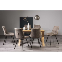 Modern Glass 6 Seater Dining Table Set X Oak Legs 6 Tan Brown Faux Suede Fabric Chairs