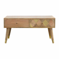 Solid Wood 2 Drawer Coffee Table With Gold Brass Insert Drawer Front