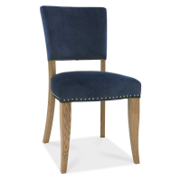 Rustic Oak Dining Chair Dark Blue Velvet Fabric Upholstered with Stud Edge Detail