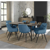 Modern Weathered Oak 6 Seater Dining Table Set 6 Petrol Blue Velvet Chairs Black Legs