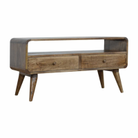 Modern Curved Edge 2 Drawers and 1 Open Shelf Media Unit in Grey Wash Oak 90cm