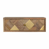 Modern Wall Mounted Brass Inlay Bedside Table With 1 Drawer Solid Mango Wood