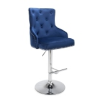 Set Of 3 Blue Velvet Adjustable Gas Lift Bar Stools Chrome Base and Footrest