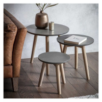 Modern Style Grey Faux Concrete Top Round Nest Of Tables With Solid Mindy Ash Wood Legs