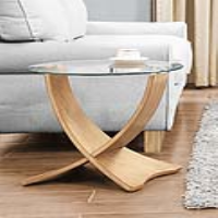 Siena Round Glass Top and Natural Oak Curved X Legs Lamp End Table 50cm Diameter