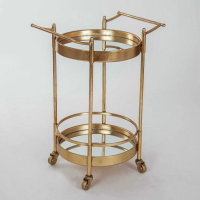 Gin Shu Gold Gilt Leaf Metal Round Side Table Serving Trolley Glass Tops 2 Open Shelves