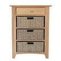 Slim Light Oak Storage Unit 4 Drawers 3 Wicker Baskets 100cm Tall 50cm Wide