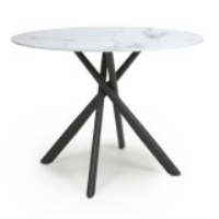100cm Round White Marble Top Dining Table Black Metal Cross Legs