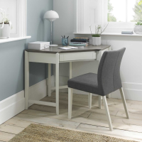 Modern Grey Painted Home Office Study Corner Desk Washed Oak Top Wood Front Keyboard Drawer