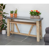 Hardwood Open Frame Console Hall Table Studded Zinc Metal Top Urban Chic Industrial Style