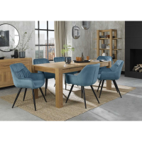 Turin Light Oak Large 6 to 8 Seater Extending Dining Set 6 Dali Petrol Blue Velvet Fabric Chairs