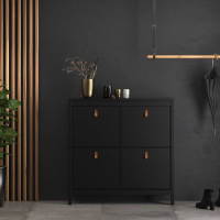 Trendy Matt Black 4 Compartment Shoe Cabinet With Brown Leather Handles 102.9x102.4cm