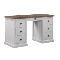 Modern Country Style Hampton Off White Painted 7 Drawer Desk with Brown Pine Top 55x140cm